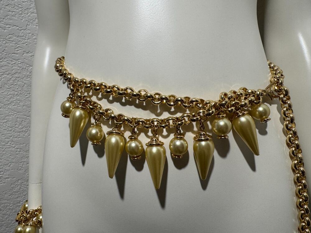 Vtg Michael Kors Gold Chain Belt w Matching Bracelet Conical Cones Faux Pearls